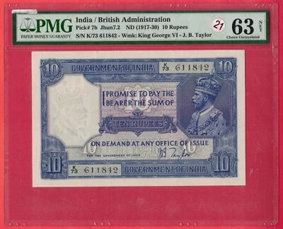 BRITISH INDIA 10 RUPEES P#7b ND 1917-30 Wmk K George VI PMG 63 NET UNC Lt 21 - Image 1 of 2