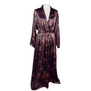 Jones New York Full Length Robe Brown Satin Floral Kimono 3/4 Sleeve Belted 1X - Picture 1 of 10
