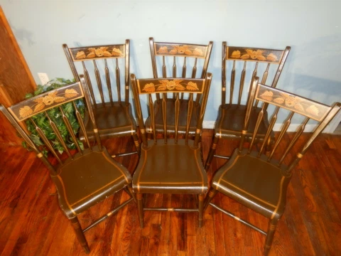 Set of 6 Antique Arrow Back Plank Seat Windsor Chairs Hand Painted Cover