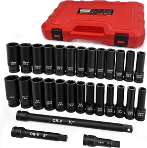 Juego de enchufes de impacto de accionamiento de 1/2", enchufe profundo de 29 piezas con barra de extensión, acero Cr-V - Imagen 1 de 8