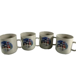 Stoneware Christmas Snowmen Mug Lot 4 Birdhouse Cardinal Hot Chocolate Coffee - Picture 1 of 7