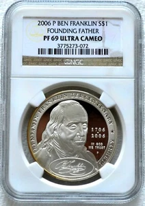 2006-P Proof Benjamin Franklin Founding Father Silver $1 NGC PF 69 ULTRA CAMEO - Picture 1 of 2