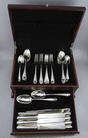 Antique English Sterling Silver 44pc Rattail Queen Anne Hanoverian Flatware Set Cover