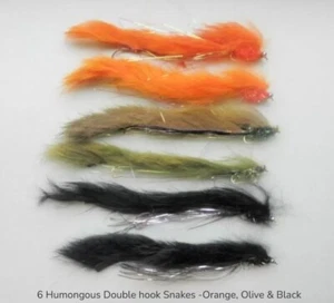 6 Humongous Double hook Snakes, Orange, Olive & Black,weighted snake fishing fly - Picture 1 of 4