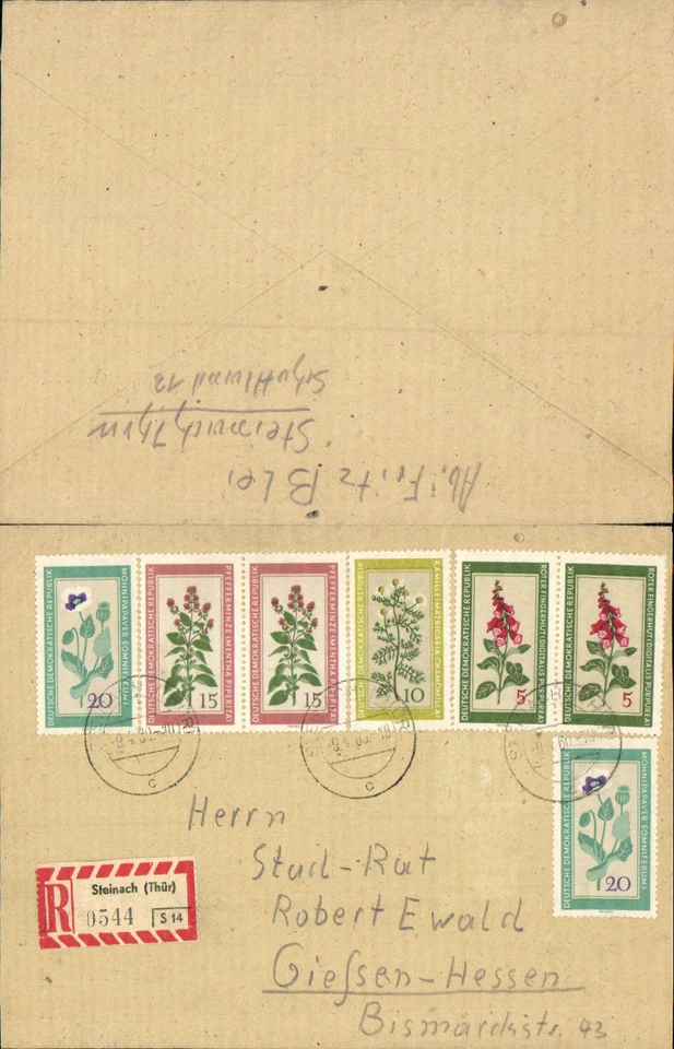 602655,Reco Einschreiben Steinach Thüringen n. Gießen Hessen 1960 Mehrfahrbenfra - Bild 1 von 1