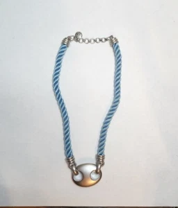 Blue Roped Cord  Silvertone  Pendant Choker Statement Piece 16" Marked MW  - Picture 1 of 4