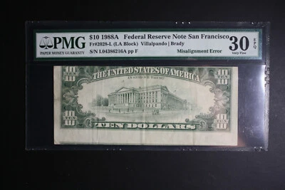 1988 A $10 Dollar ERROR Note, Hugely MISALIGNED REVERSE-1st Printing  PMG VF30 - Image 1 of 4