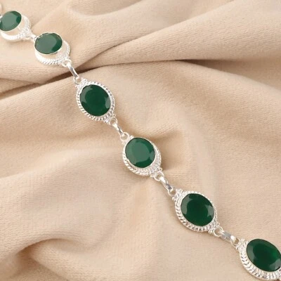 Brazalete de cadena de plata de ley 925 con piedras preciosas de ónix verde natural para niñas Foto 1 de 4