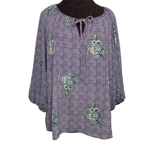 CC Amor Blouse Shirt Top Women XL Blue White Plaid Floral Boho Bohemian Spring - Picture 1 of 12