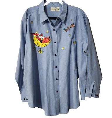 Camisa de mezclilla vintage Falls Creek bordada Santa Navidad con botones delanteros talla 24W Foto 1 de 4