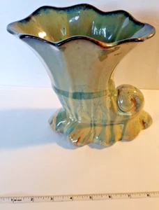 Rare Vintage Art Pottery Blue Green Tan Drip Glaze Cornucopia 7" Planter Vase - Picture 1 of 12