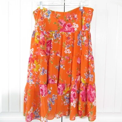 Falda Chaps Talla XL Naranja Floral En Niveles Gasa Verano Hasta la Rodilla Tirar Foto 1 de 4