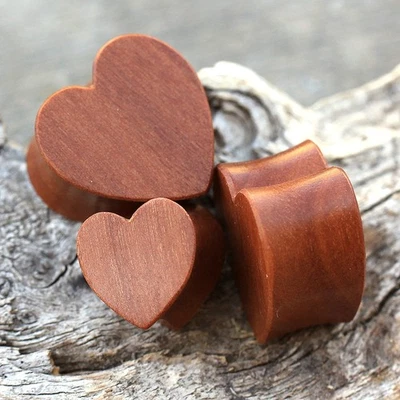 PAIR of Organic Red Cherry Wood Heart Saddle Plug - Image 1 of 3