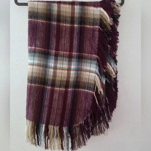 Plaid Alpaca Wool Fringe Hem Burgundy Plaid Scarf Shawl Wrap - Picture 1 of 5