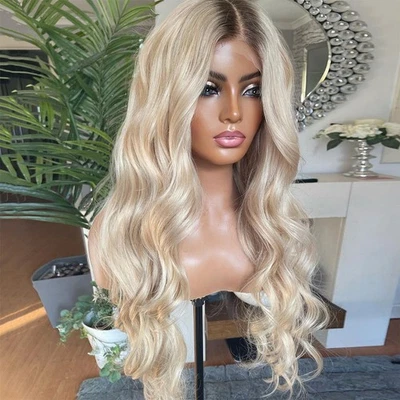 Peluca larga ondulada natural ombre rubia encaje T frontal cabello sintético resistente al calor Foto 1 de 4
