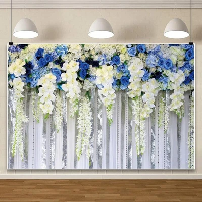 Telón de fondo de boda flores azules blancas 10x6,5 pies vinilo vid flor pared fotografía... Foto 1 de 4