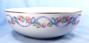 Hall Wildfire Salad Bowl Serving Gold Trim Cream Pink Roses Blue Ribbons - Picture 1 of 5