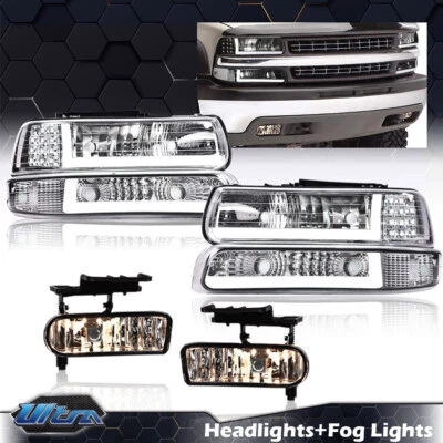 Fit For 99-06 Silverado Suburban Tahoe LED DRL Chrome Headlights+Fog Lights - Image 1 of 4