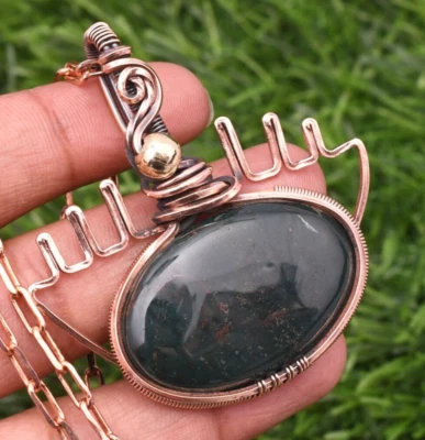 Blood Stone Gemstone Copper Wire Wrapped Handmade Jewelry Pendant 2.10" - Image 1 of 4