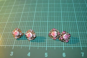 VTG 2 SETS Handpainted Enamel Earrings Rose Flower Rhinestone  - Picture 1 of 8
