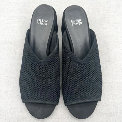 Eileen Fisher Shoes Womens 8 Fave Stretch Mule Sandals Black Knit Slide Heels - Image 1 of 4