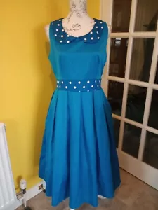 Lindy Bop Lana-May Blue Polka Dot Print Swing Dress UK Size 12-14 (US Size 8-10) - Picture 1 of 15