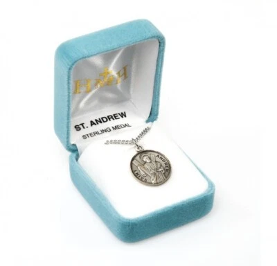 St. Andrew Sterling Silver 0.9" Round Medal, Velvet Gift Box, 20" Chain, US Made - Image 1 of 4