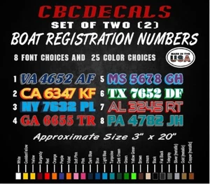 Cbcdecls- One color Custom Boat/ Water Craft Registration Numbers 3x20 Set of 2 - Zdjęcie 1 z 4