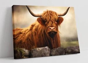 HIGHLAND COW BEHIND WALL, AUTUMN LANDSCAPE -DEEP FRAMED CANVAS WALL ART PRINT - Picture 1 of 3