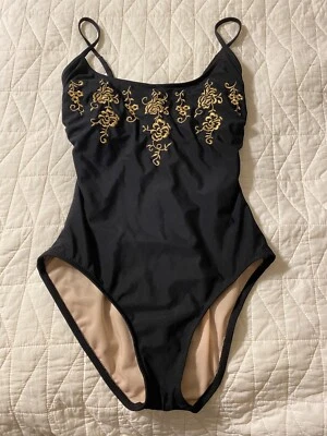 Traje de baño adelgazante de una pieza Carol Wior negro dorado bordado floral talla 12 EE. UU. Foto 1 de 4
