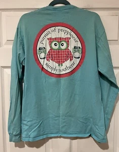 Simply Southern Sz L Blue L. Sleeve Graphic T-Shirt “Pursuit Of Preppiness” Owl - Picture 1 of 7