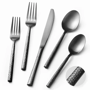 20-Piece Black Hammered Silverware Set for 4,Forged 18/10 Stainless Steel Fla... - Picture 1 of 7