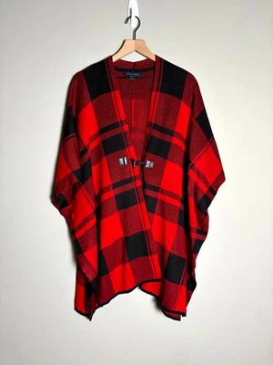 Suéter Tommy Hilfiger vermelho preto búfalo xadrez férias poncho aconchegante tamanho 1X - Imagem 1 de 4