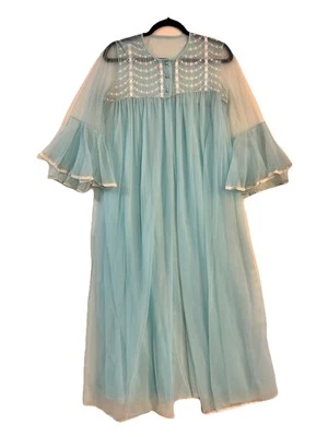 Camisola vintage Miss Elaine azul náilon peignoir renda floral transparente tamanho M/G - Imagem 1 de 4