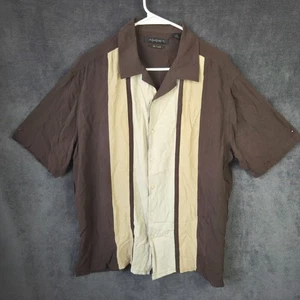 Axist Silk Shirt Men XL Brown Beige Panel Short Sleeve Button Up Bowling Camp - Picture 1 of 7