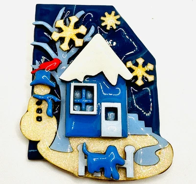 Difícil de encontrar! Prendedor de casa de invierno azul raro de colección de Lucinda - muñeco de nieve perro pájaro rojo Foto 1 de 4