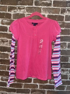 NWT GAP KIDS GIRLS 8 LONG SLEEVED TEE T SHIRT TOP PINK 2-IN-1 TOP STRIPED SLEEVE - Picture 1 of 4