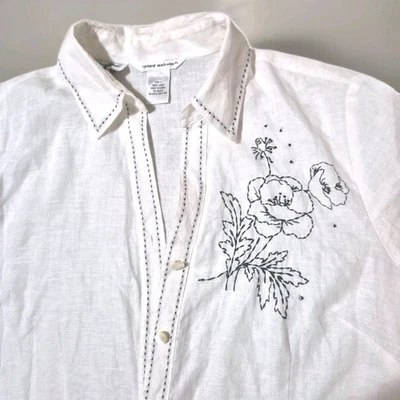 Irish Linen Blouse Top Wmns Sz Lg Richard Malcolm Embroidered Beaded Old Money  - Image 1 of 4