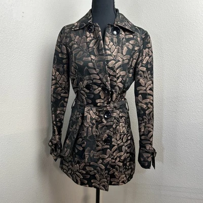 Vtg Carlisle Double Breasted Trench Jacket Women's 2 Black & Brown Floral Classy - Image 1 of 4