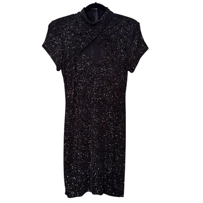 Evening Dress Womens 12 Curvy Black Mini Illusion Elegant Sparkle VTG Night Way  - Image 1 of 4