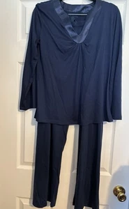 Jones New York Womens Med Blue Pajama Set Sleepwear Medium VGC V-Neck Satin Trim - Picture 1 of 9