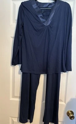 Jones New York Womens Med Blue Pajama Set Sleepwear Medium VGC V-Neck Satin Trim - Image 1 of 4