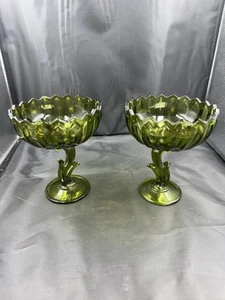 Indiana Glass Pattern Candy Dish Green Tulip Decorative Dish 7” Set Of 2 - Picture 1 of 12