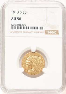 1913-S INDIAN HEAD $5 HALF EAGLE GOLD NGC AU58 - Image 1 of 4