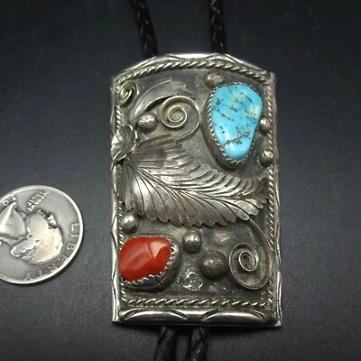 Corbata vintage NAVAJO plata esterlina CORAL TURQUESA BOLO, cordón de cuero 925 puntas Foto 1 de 4