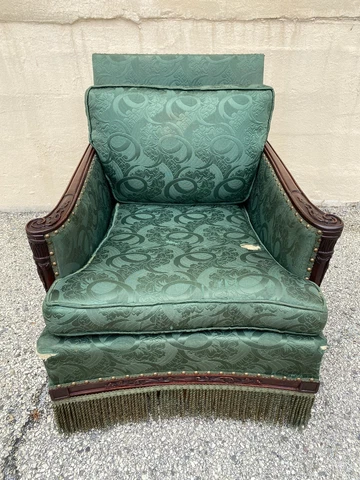 Antique French Hollywood Regency Carved Mahogany Art Deco Club Lounge Chair Cover