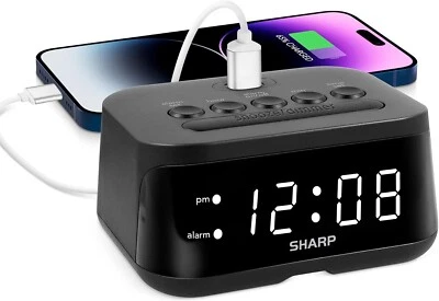 SHARP Digital Alarm Clock, Midnight Black, USB Charge Port, White LED Display - Image 1 of 4