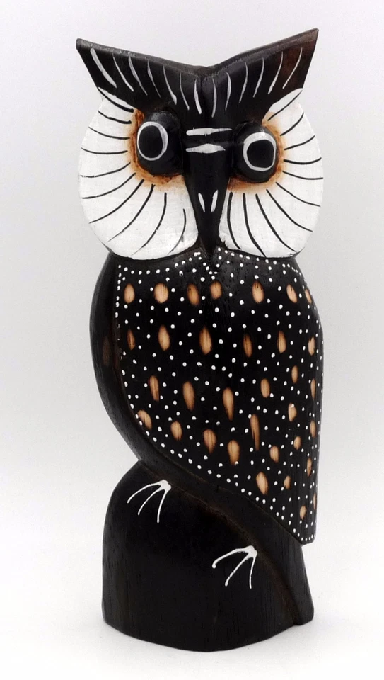 Chouette hibou en bois sculpté peint tête blanche 20,5 cm artisanat Bali - Photo 1/1