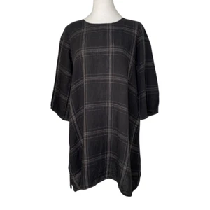 Eileen Fisher Black Linen Plaid Elbow Sleeve Tunic Top w/ Side Slits Sz PM #196 - Picture 1 of 9