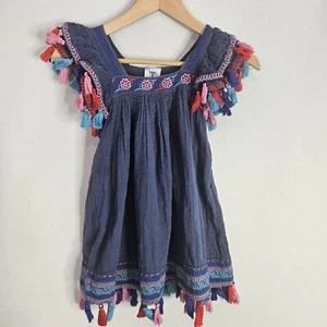 Mer St Barth Girls Serena Tassel Embroidered Blue Crepe Gauze Dress Size 6T - Picture 1 of 6